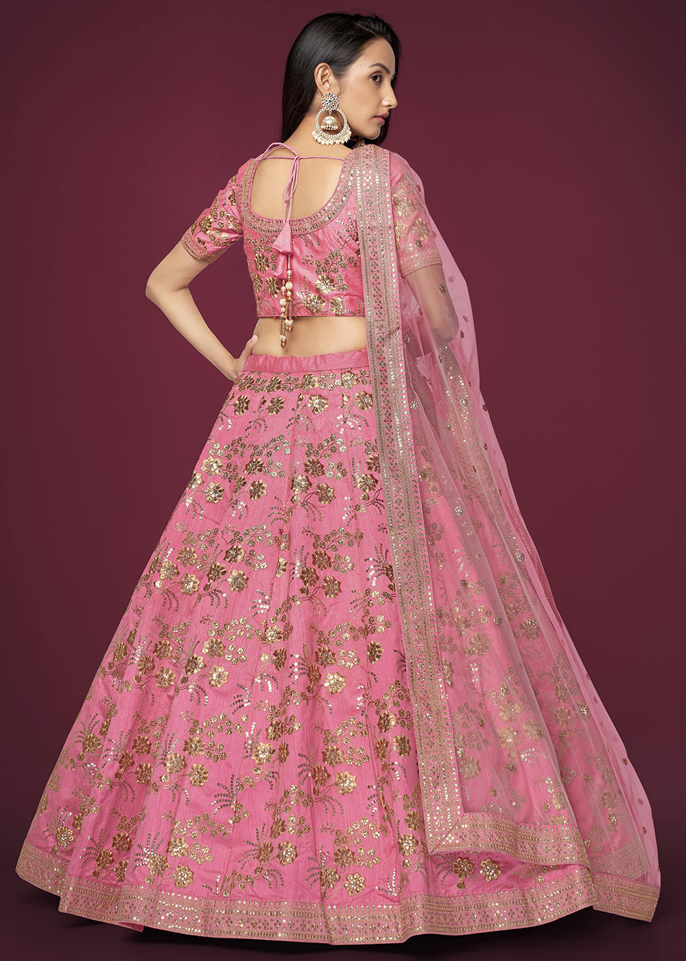 Buy Now Sequins & Zari Embroidered Pink Silk Designer Lehenga Choli Online in USA, UK, Canada & Worldwide at Empress Clothing.