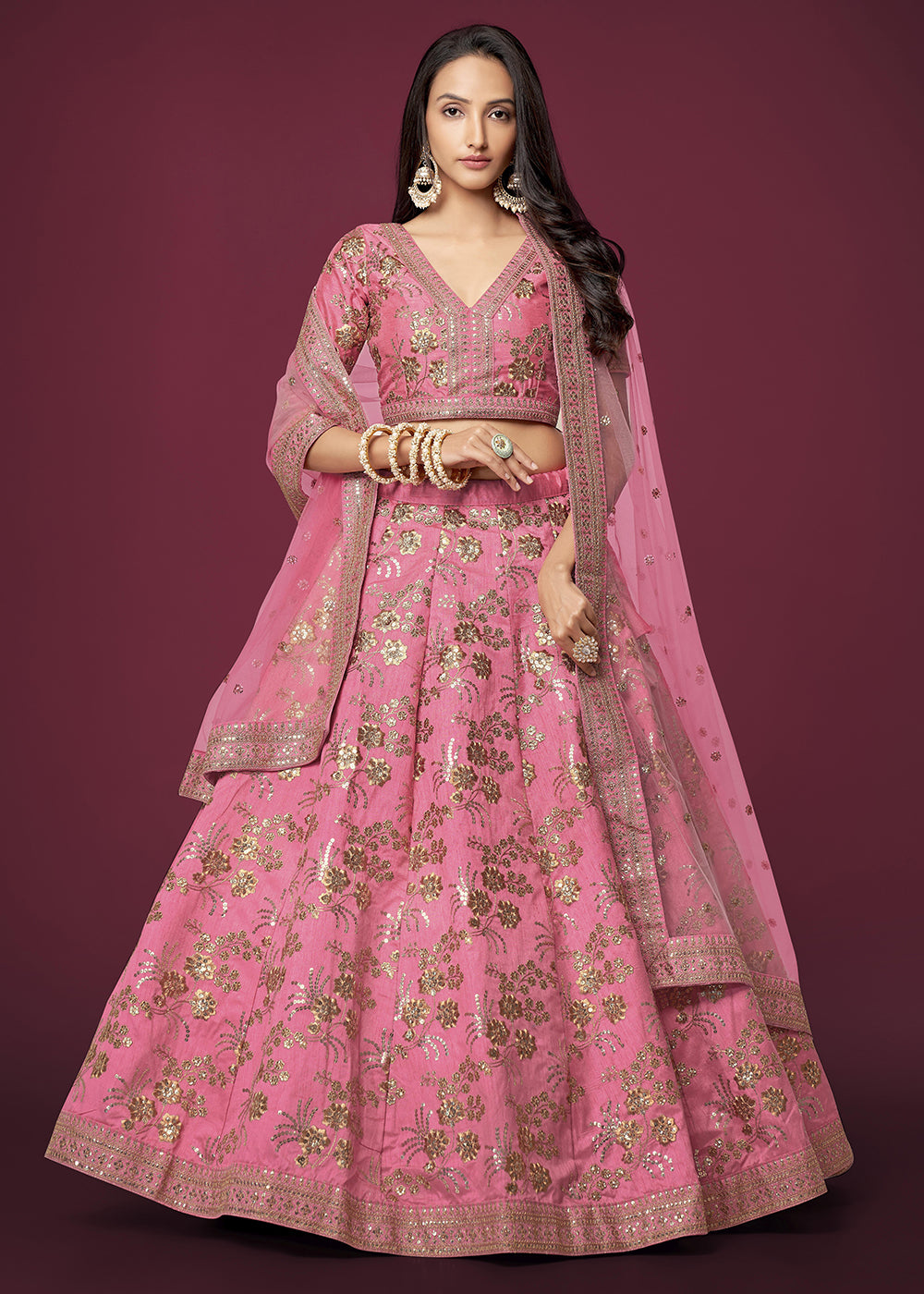 Buy Now Sequins & Zari Embroidered Pink Silk Designer Lehenga Choli Online in USA, UK, Canada & Worldwide at Empress Clothing.