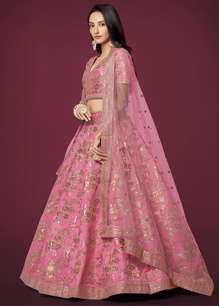 Buy Now Sequins & Zari Embroidered Pink Silk Designer Lehenga Choli Online in USA, UK, Canada & Worldwide at Empress Clothing.