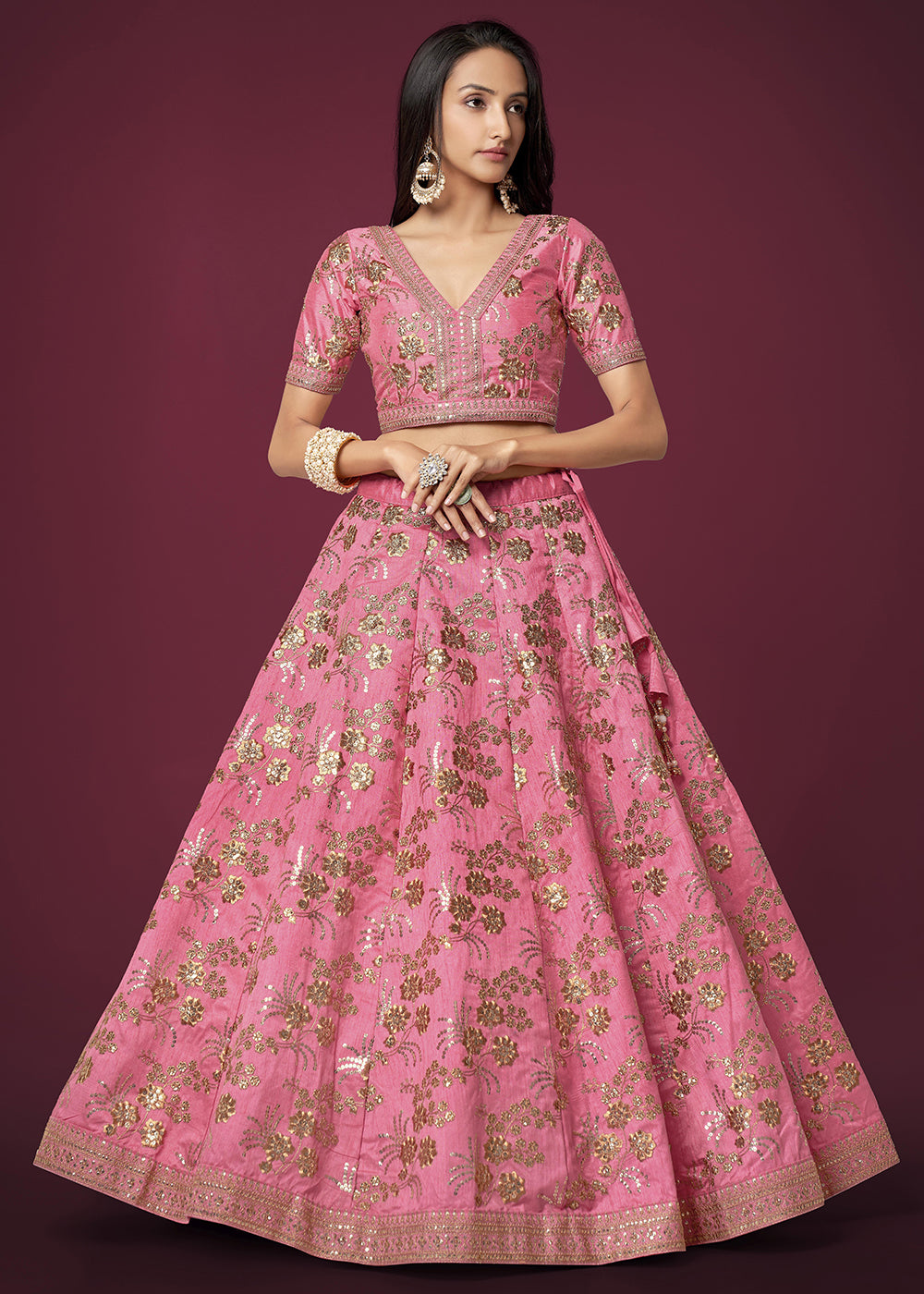 Buy Now Sequins & Zari Embroidered Pink Silk Designer Lehenga Choli Online in USA, UK, Canada & Worldwide at Empress Clothing.