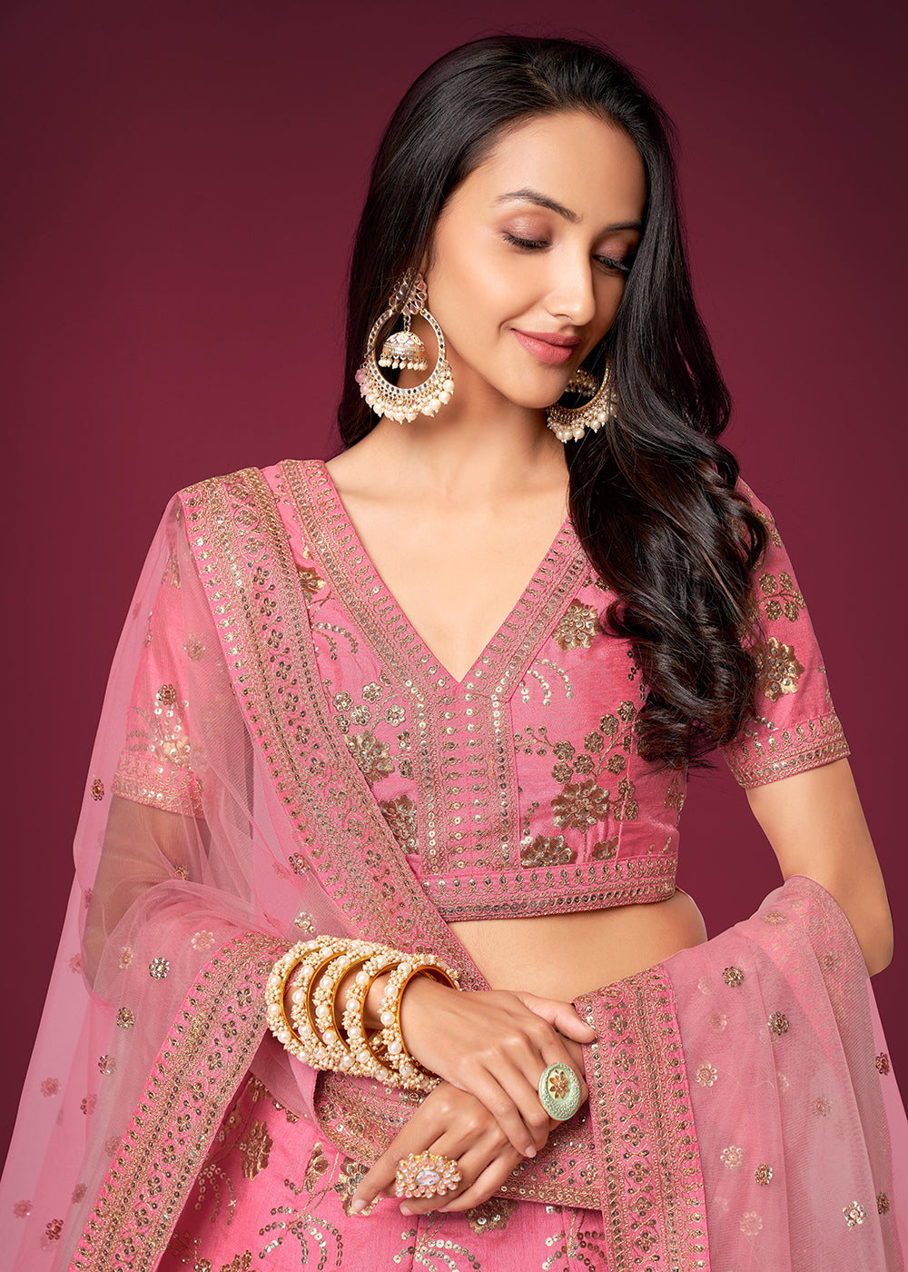 Buy Now Sequins & Zari Embroidered Pink Silk Designer Lehenga Choli Online in USA, UK, Canada & Worldwide at Empress Clothing.