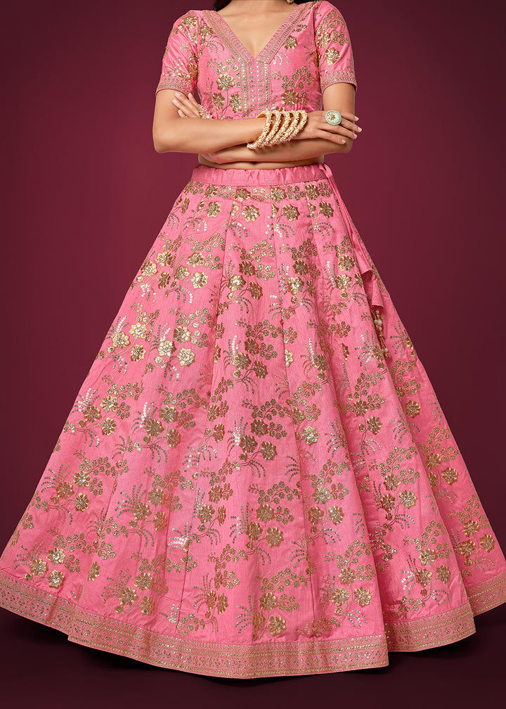 Buy Now Sequins & Zari Embroidered Pink Silk Designer Lehenga Choli Online in USA, UK, Canada & Worldwide at Empress Clothing.