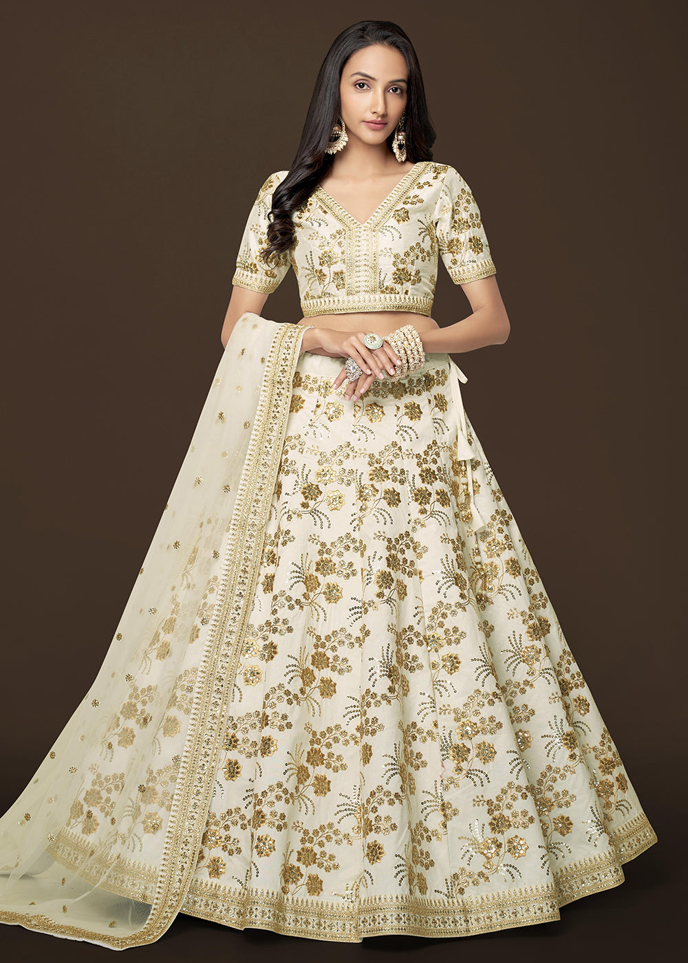 Buy Now Sequins & Zari Embroidered White Silk Designer Lehenga Choli Online in USA, UK, Canada & Worldwide at Empress Clothing.