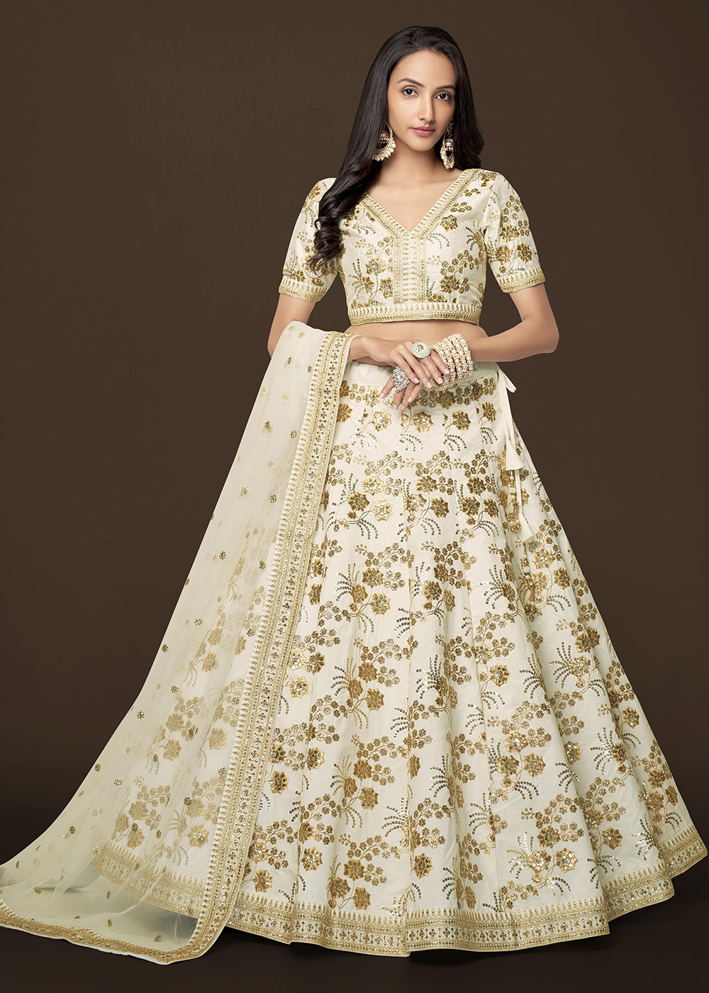 Buy Now Sequins & Zari Embroidered White Silk Designer Lehenga Choli Online in USA, UK, Canada & Worldwide at Empress Clothing.