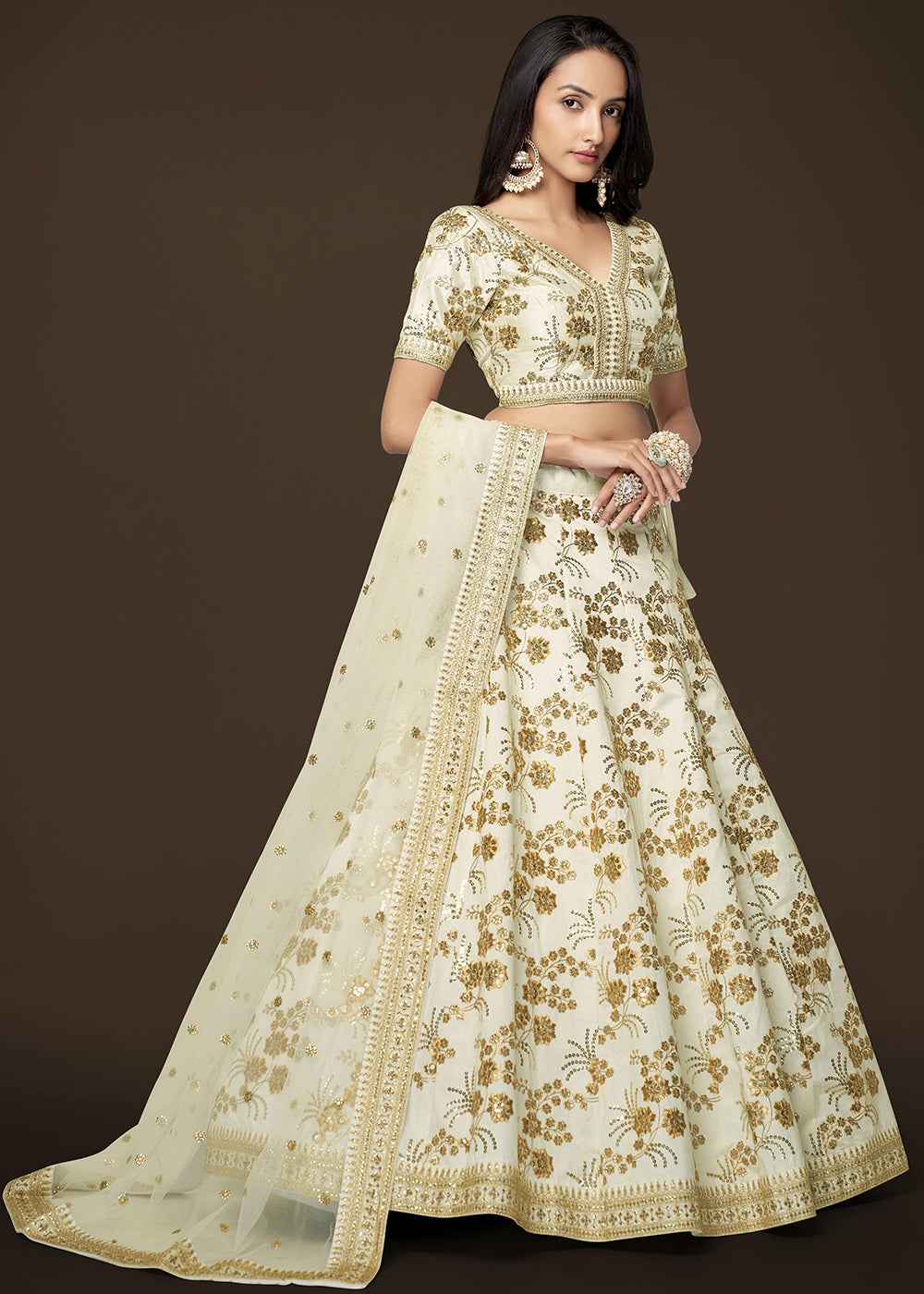 Buy Now Sequins & Zari Embroidered White Silk Designer Lehenga Choli Online in USA, UK, Canada & Worldwide at Empress Clothing.