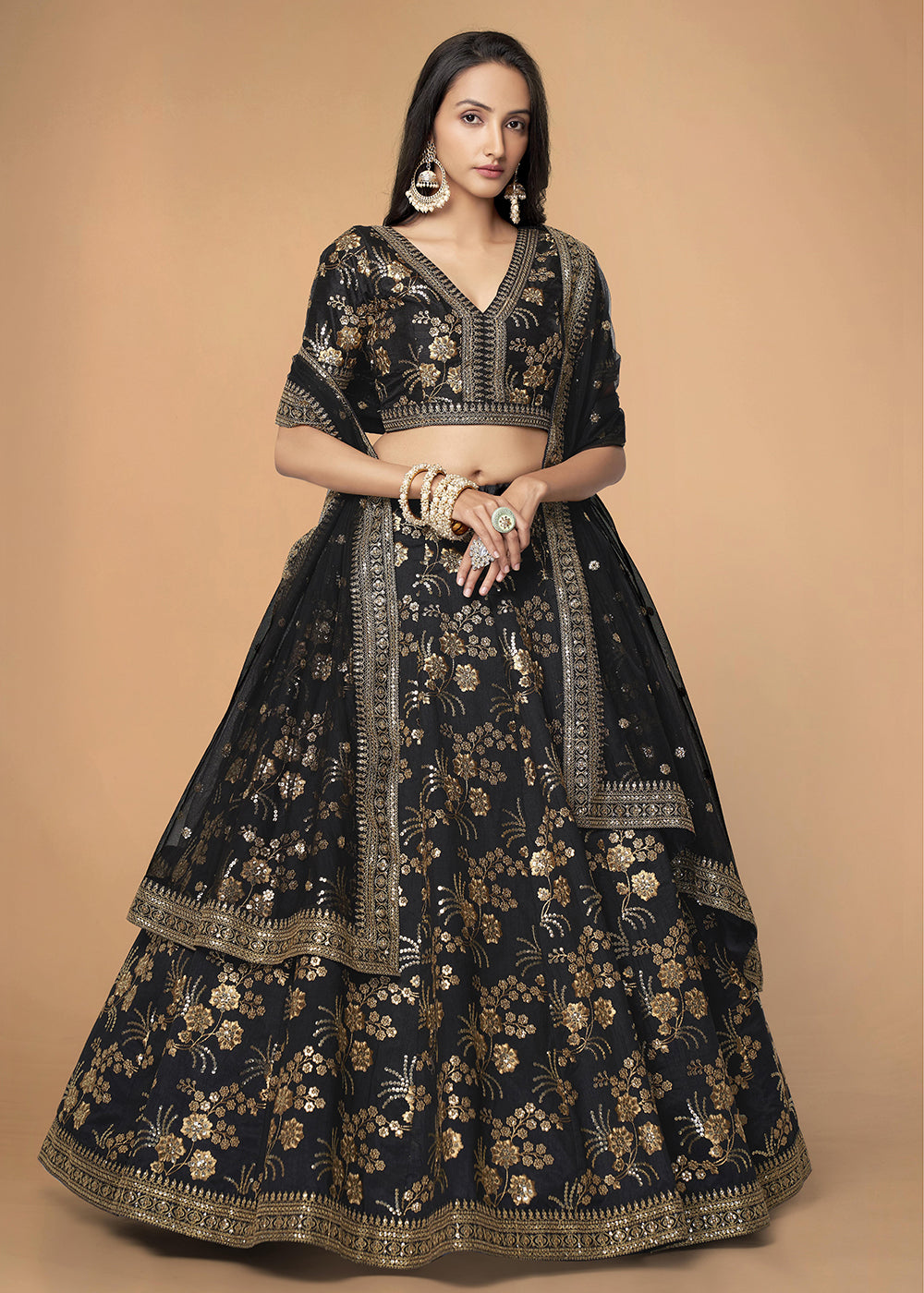 Buy Now Sequins & Zari Embroidered Black Silk Designer Lehenga Choli Online in USA, UK, Canada & Worldwide at Empress Clothing. 