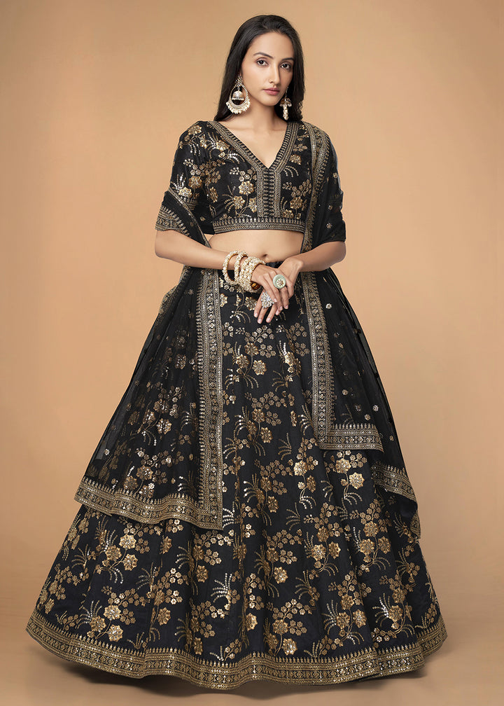 Buy Now Sequins & Zari Embroidered Black Silk Designer Lehenga Choli Online in USA, UK, Canada & Worldwide at Empress Clothing. 