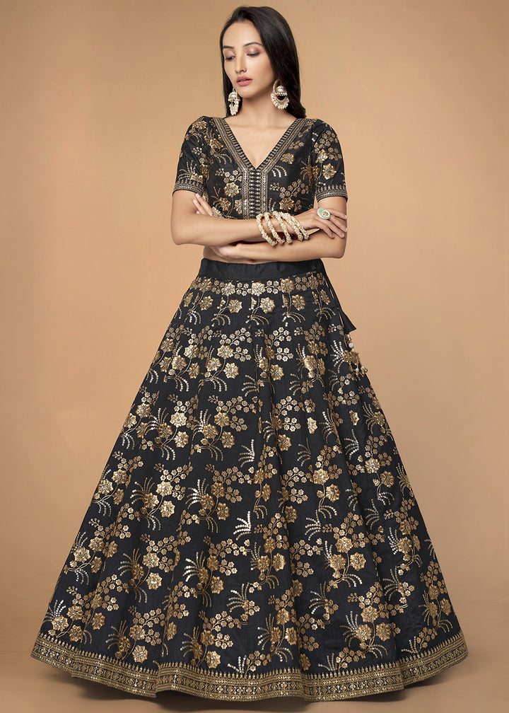 Buy Now Sequins & Zari Embroidered Black Silk Designer Lehenga Choli Online in USA, UK, Canada & Worldwide at Empress Clothing. 