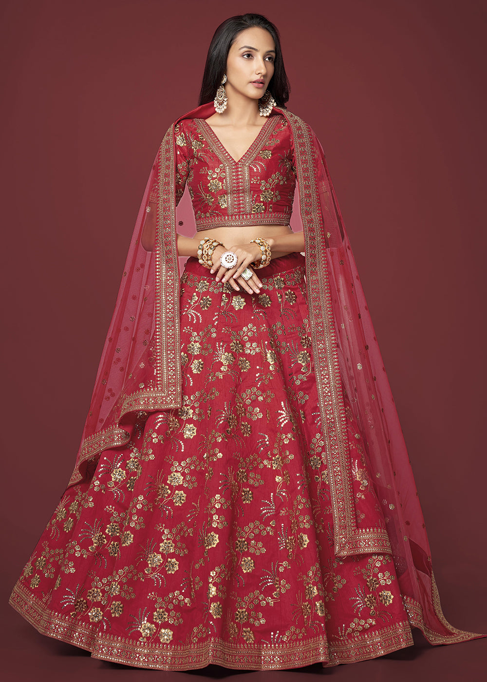 Buy Now Sequins & Zari Embroidered Red Silk Designer Lehenga Choli Online in USA, UK, Canada & Worldwide at Empress Clothing.