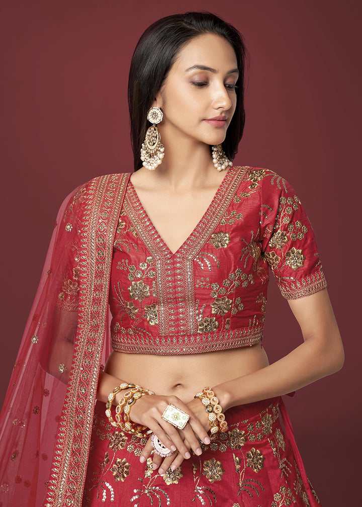 Buy Now Sequins & Zari Embroidered Red Silk Designer Lehenga Choli Online in USA, UK, Canada & Worldwide at Empress Clothing.