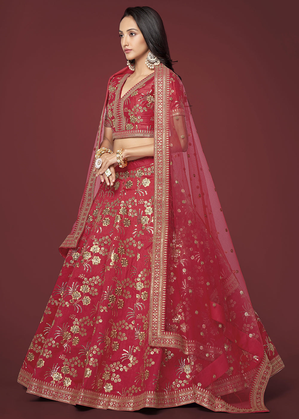 Buy Now Sequins & Zari Embroidered Red Silk Designer Lehenga Choli Online in USA, UK, Canada & Worldwide at Empress Clothing.