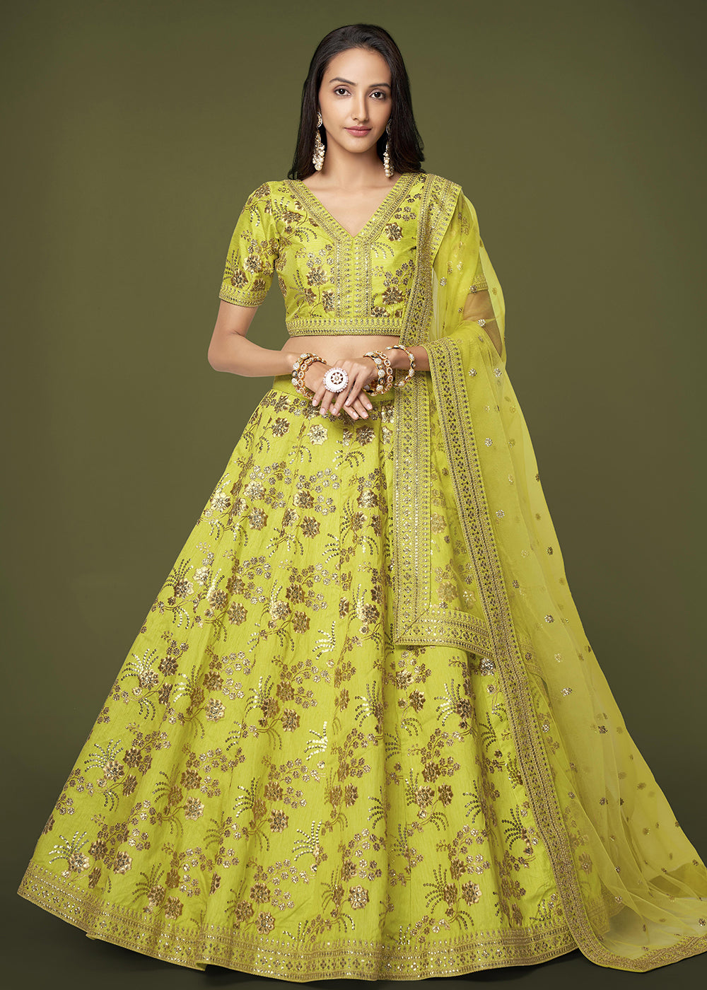 Buy Now Sequins & Zari Embroidered Green Silk Designer Lehenga Choli Online in USA, UK, Canada & Worldwide at Empress Clothing.