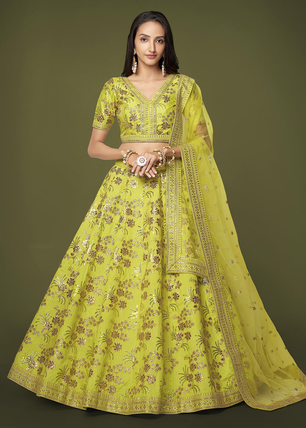 Buy Now Sequins & Zari Embroidered Green Silk Designer Lehenga Choli Online in USA, UK, Canada & Worldwide at Empress Clothing.