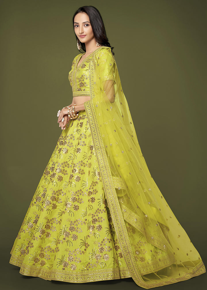 Buy Now Sequins & Zari Embroidered Green Silk Designer Lehenga Choli Online in USA, UK, Canada & Worldwide at Empress Clothing.