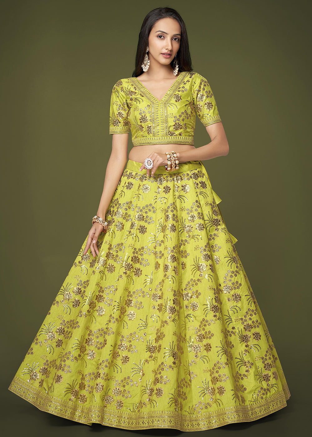 Buy Now Sequins & Zari Embroidered Green Silk Designer Lehenga Choli Online in USA, UK, Canada & Worldwide at Empress Clothing.