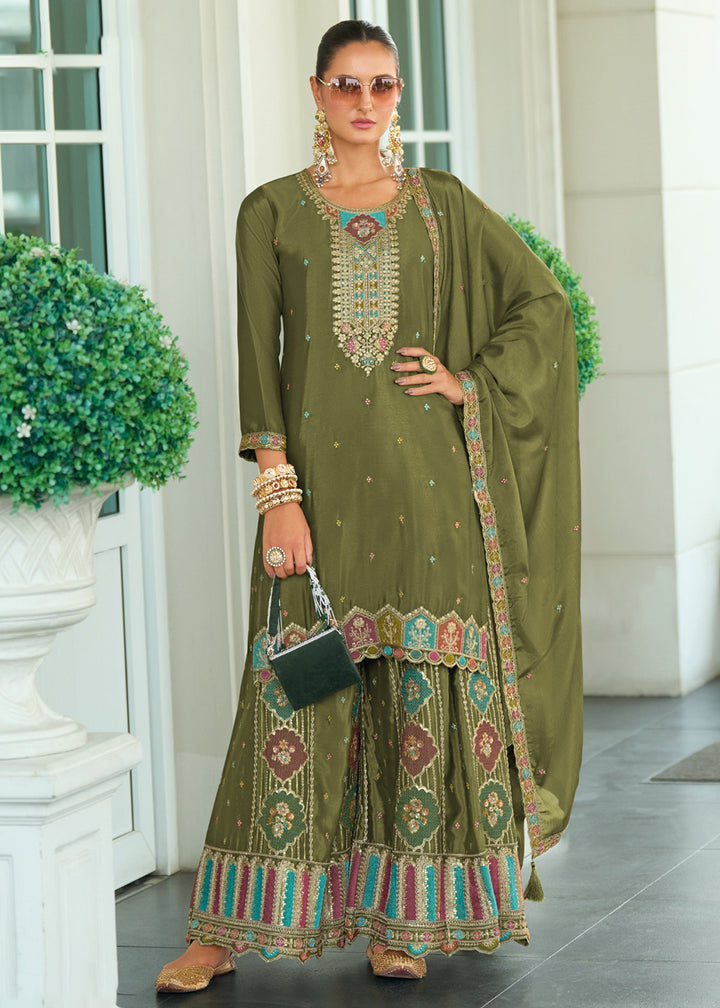 Buy Now Wedding Style Chinnon Olive Green Embroidered Palazzo Suit Online in USA, UK, Canada, Germany, Italy, France, Austria, UAE & Worldwide at Empress.