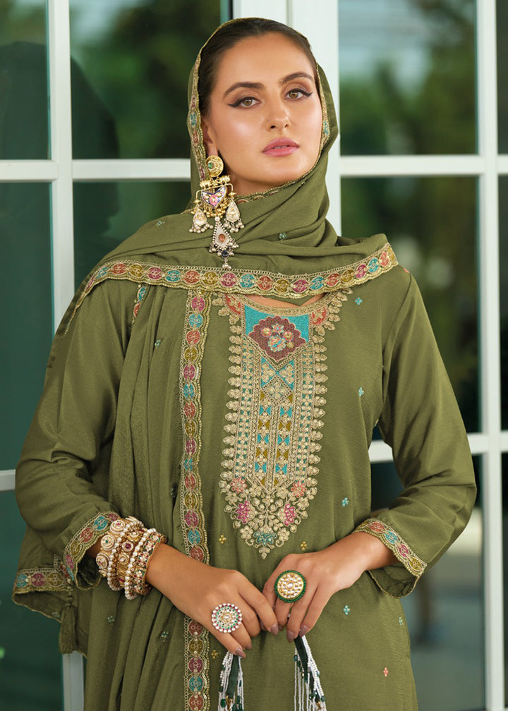 Buy Now Wedding Style Chinnon Olive Green Embroidered Palazzo Suit Online in USA, UK, Canada, Germany, Italy, France, Austria, UAE & Worldwide at Empress.