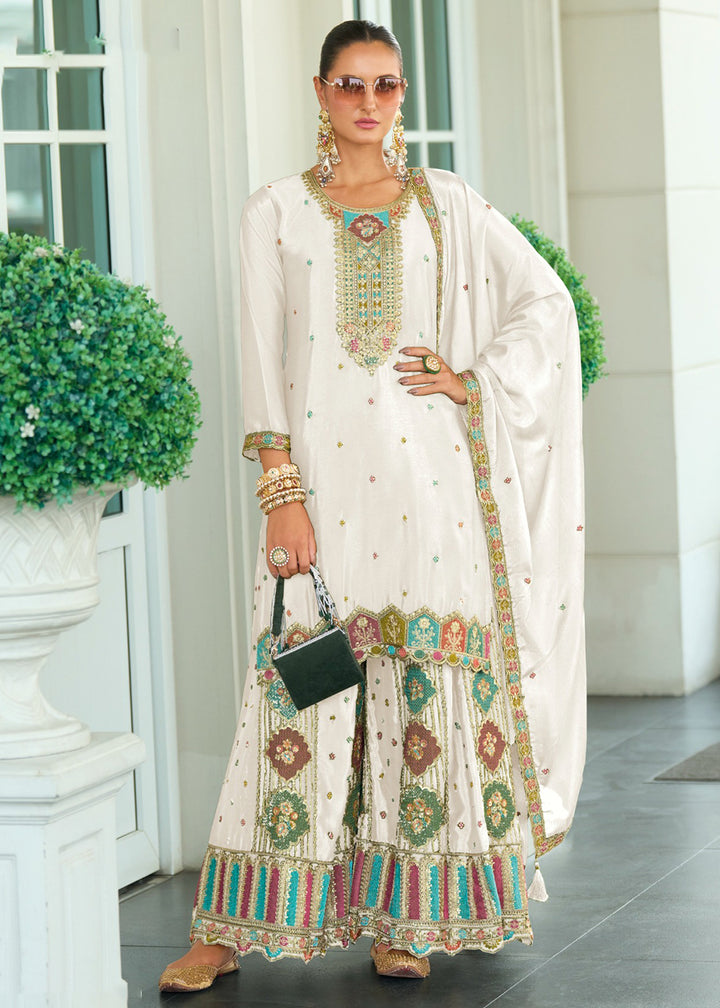 Buy Now Wedding Style Chinnon Pearl White Embroidered Palazzo Suit Online in USA, UK, Canada, Germany, Italy, France, Austria, UAE & Worldwide at Empress.