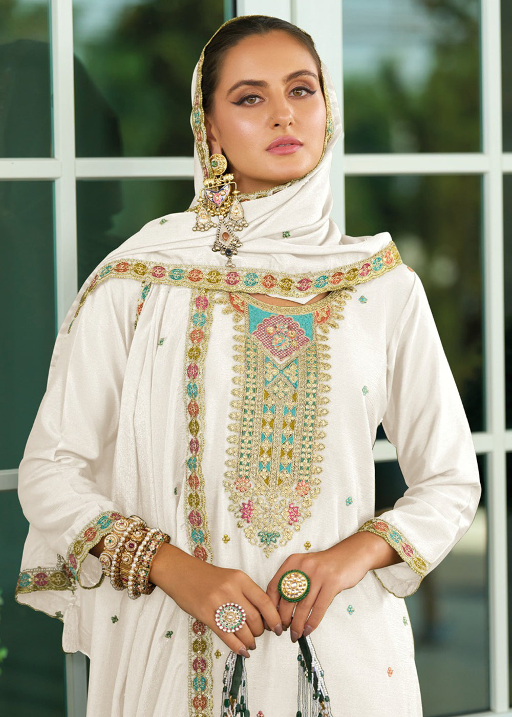 Buy Now Wedding Style Chinnon Pearl White Embroidered Palazzo Suit Online in USA, UK, Canada, Germany, Italy, France, Austria, UAE & Worldwide at Empress.