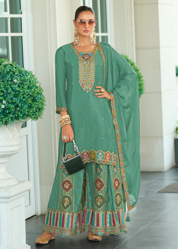 Buy Now Wedding Style Chinnon Mint Teal Embroidered Palazzo Suit Online in USA, UK, Canada, Germany, Italy, France, Austria, UAE & Worldwide at Empress.