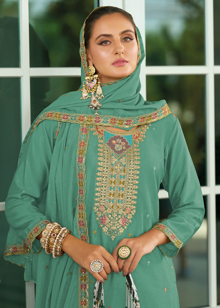 Buy Now Wedding Style Chinnon Mint Teal Embroidered Palazzo Suit Online in USA, UK, Canada, Germany, Italy, France, Austria, UAE & Worldwide at Empress.