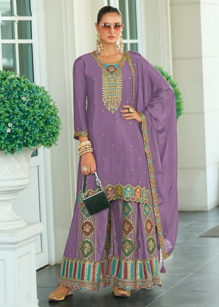 Buy Now Wedding Style Chinnon Lavender Embroidered Palazzo Suit Online in USA, UK, Canada, Germany, Italy, France, Austria, UAE & Worldwide at Empress.