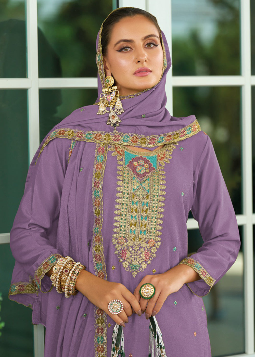 Buy Now Wedding Style Chinnon Lavender Embroidered Palazzo Suit Online in USA, UK, Canada, Germany, Italy, France, Austria, UAE & Worldwide at Empress.