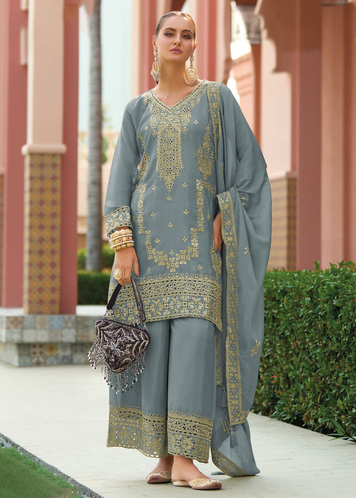 Buy Now Festive Style Chinnon Steel Grey Embroidered Palazzo Suit Online in USA, UK, Canada, Germany, Italy, France, Austria, UAE & Worldwide at Empress.