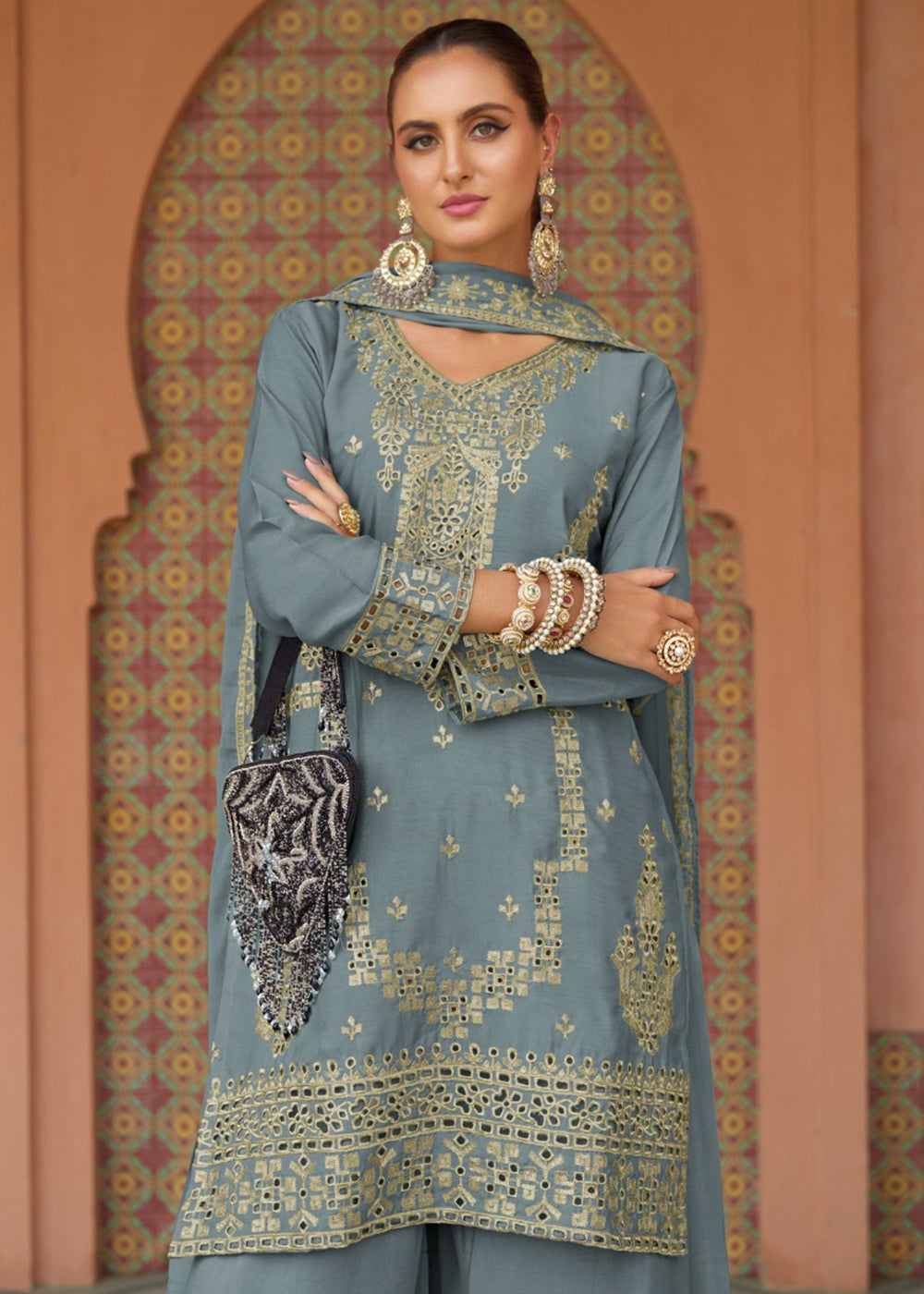 Buy Now Festive Style Chinnon Steel Grey Embroidered Palazzo Suit Online in USA, UK, Canada, Germany, Italy, France, Austria, UAE & Worldwide at Empress.