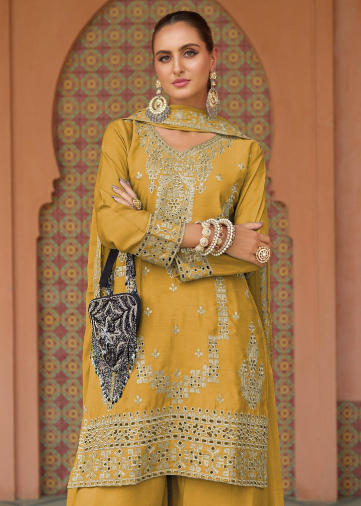Buy Now Festive Style Chinnon Mustard Embroidered Palazzo Suit Online in USA, UK, Canada, Germany, Italy, France, Austria, UAE & Worldwide at Empress Clothing.