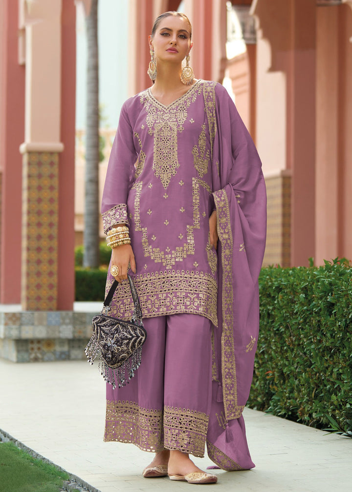 Buy Now Festive Style Chinnon Purple Embroidered Palazzo Suit Online in USA, UK, Canada, Germany, Italy, France, Austria, UAE & Worldwide at Empress Clothing.