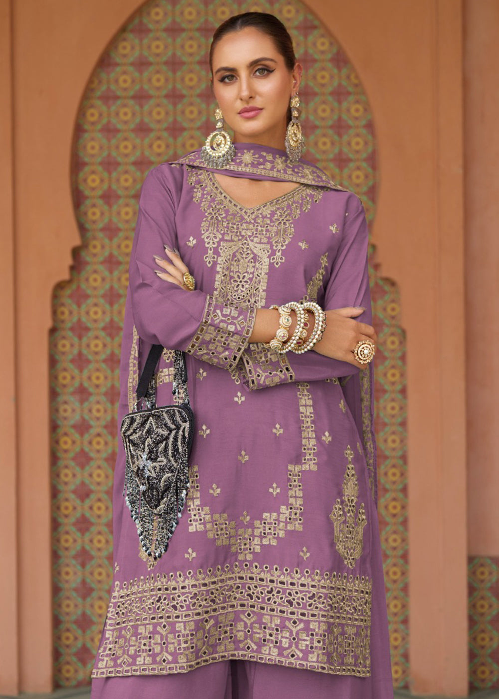 Buy Now Festive Style Chinnon Purple Embroidered Palazzo Suit Online in USA, UK, Canada, Germany, Italy, France, Austria, UAE & Worldwide at Empress Clothing.