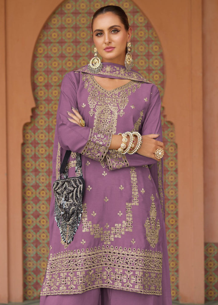 Buy Now Festive Style Chinnon Purple Embroidered Palazzo Suit Online in USA, UK, Canada, Germany, Italy, France, Austria, UAE & Worldwide at Empress Clothing.