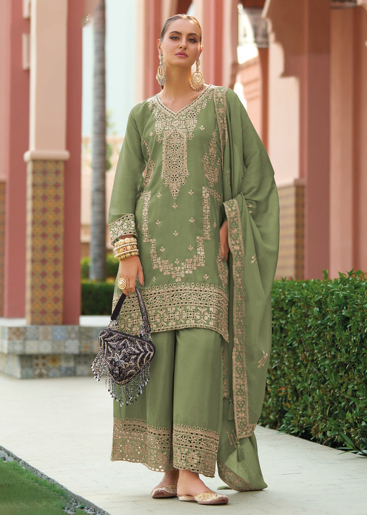 Buy Now Festive Style Chinnon Green Embroidered Palazzo Suit Online in USA, UK, Canada, Germany, Italy, France, Austria, UAE & Worldwide at Empress Clothing.