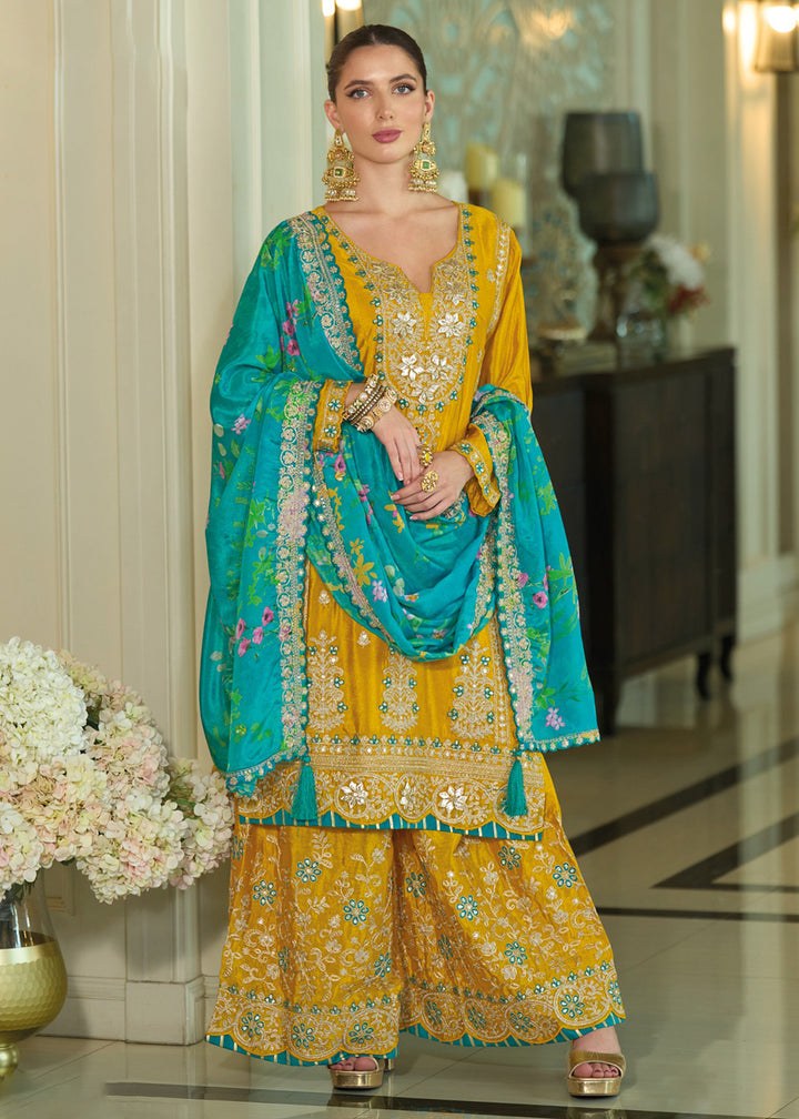 Buy Now Festive Style Mustard Khatli Embroidered Palazzo Suit Online in USA, UK, Canada, Germany, Italy, France, Austria, UAE & Worldwide at Empress Clothing.