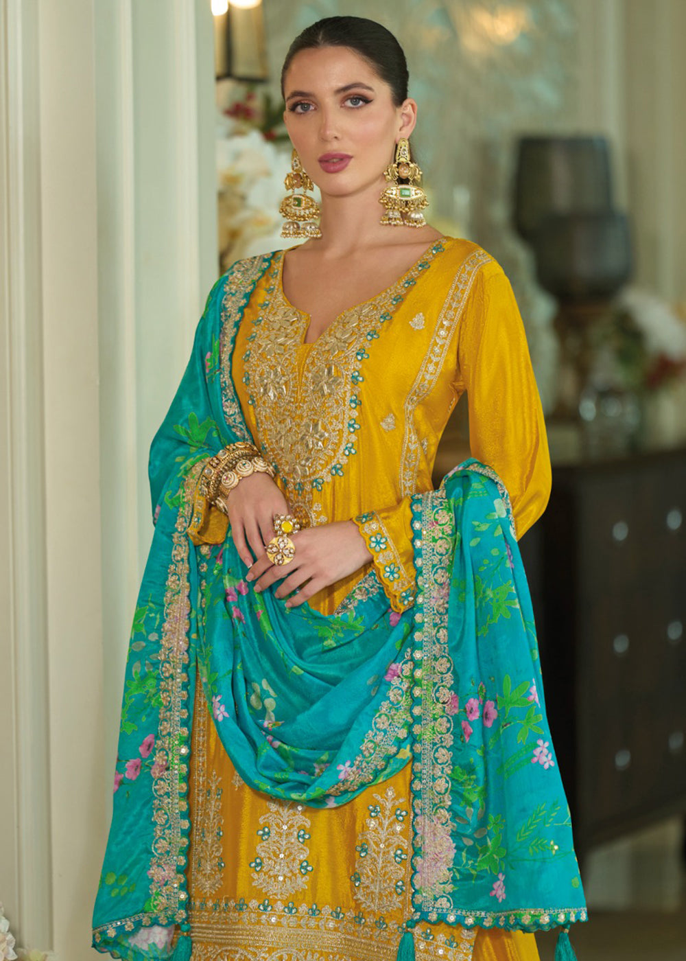 Buy Now Festive Style Mustard Khatli Embroidered Palazzo Suit Online in USA, UK, Canada, Germany, Italy, France, Austria, UAE & Worldwide at Empress Clothing.