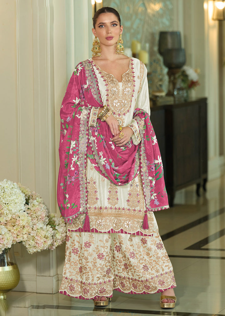 Buy Now Festive Style White Khatli Embroidered Palazzo Suit Online in USA, UK, Canada, Germany, Italy, France, Austria, UAE & Worldwide at Empress Clothing.