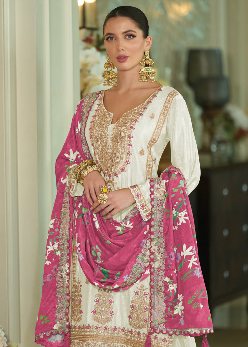 Buy Now Festive Style White Khatli Embroidered Palazzo Suit Online in USA, UK, Canada, Germany, Italy, France, Austria, UAE & Worldwide at Empress Clothing.
