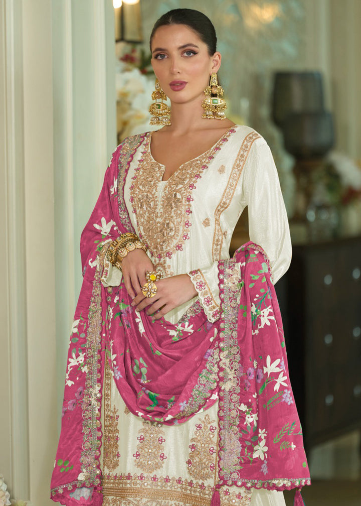 Buy Now Festive Style White Khatli Embroidered Palazzo Suit Online in USA, UK, Canada, Germany, Italy, France, Austria, UAE & Worldwide at Empress Clothing.