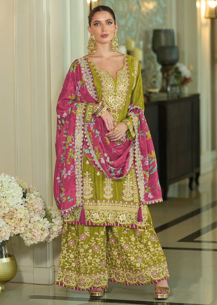 Buy Now Festive Style Green Khatli Embroidered Palazzo Suit Online in USA, UK, Canada, Germany, Italy, France, Austria, UAE & Worldwide at Empress Clothing.
