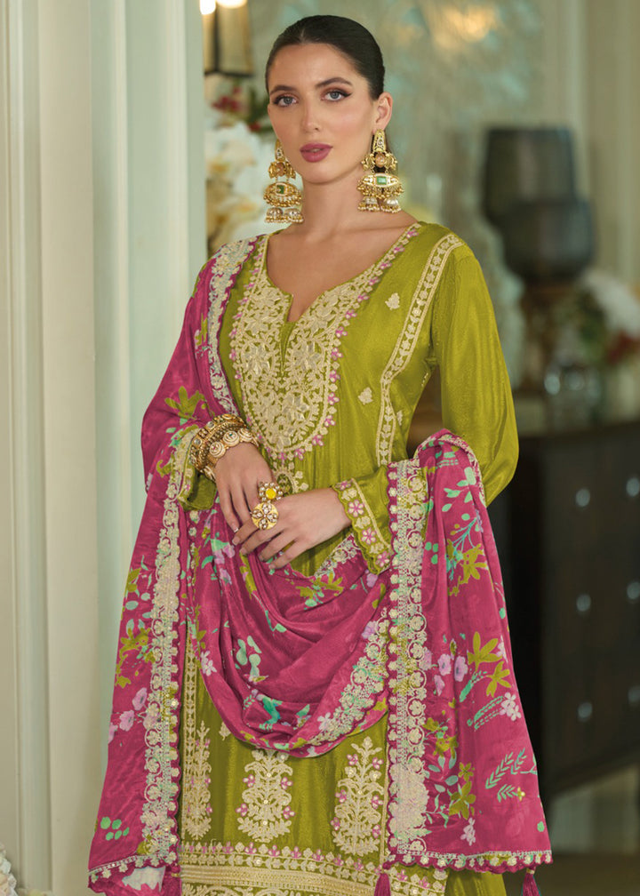 Buy Now Festive Style Green Khatli Embroidered Palazzo Suit Online in USA, UK, Canada, Germany, Italy, France, Austria, UAE & Worldwide at Empress Clothing.
