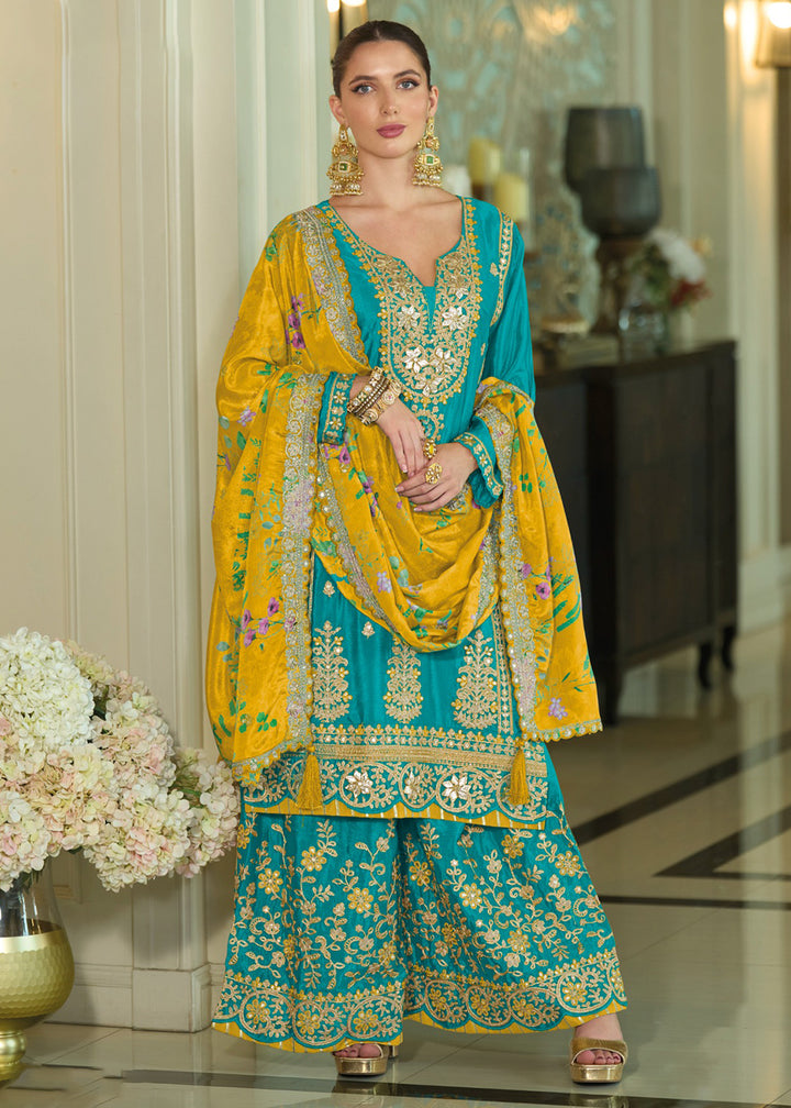 Buy Now Festive Style Blue Khatli Embroidered Palazzo Suit Online in USA, UK, Canada, Germany, Italy, France, Austria, UAE & Worldwide at Empress Clothing.