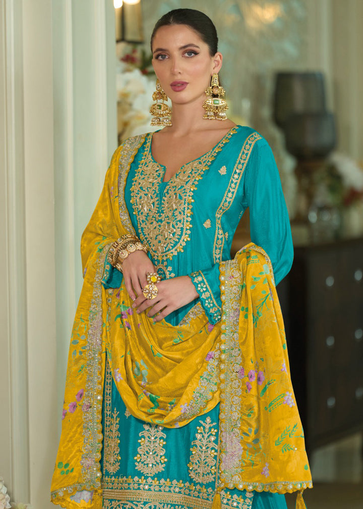 Buy Now Festive Style Blue Khatli Embroidered Palazzo Suit Online in USA, UK, Canada, Germany, Italy, France, Austria, UAE & Worldwide at Empress Clothing.