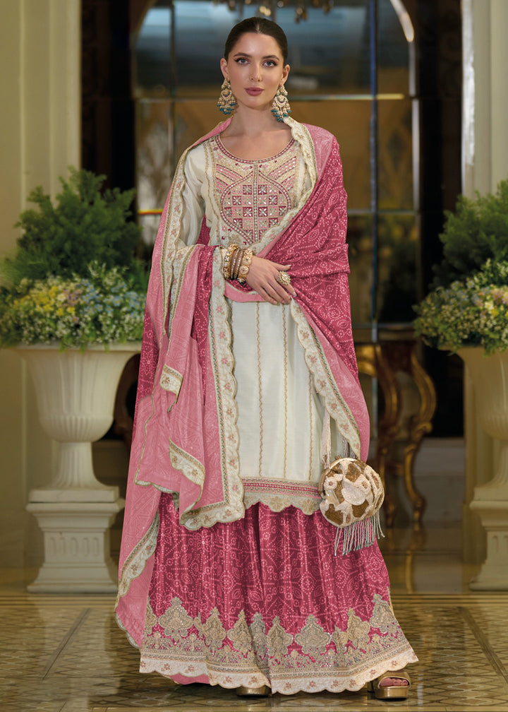 Buy Now Festive Style White & Pink Embroidered Palazzo Suit Online in USA, UK, Canada, Germany, Italy, France, Austria, UAE & Worldwide at Empress Clothing.