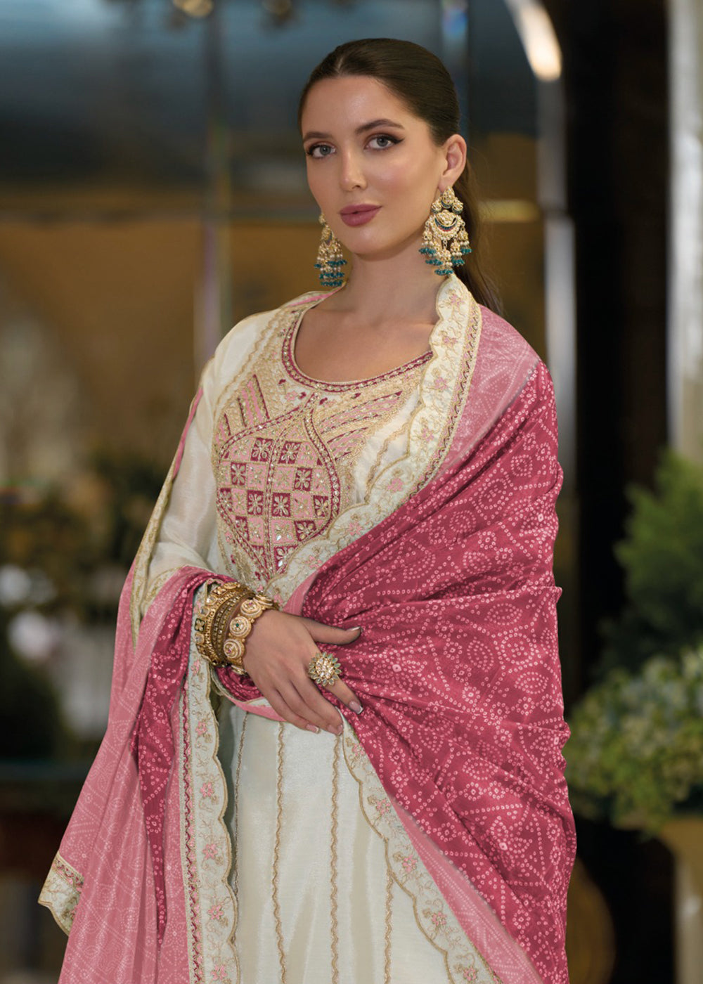 Buy Now Festive Style White & Pink Embroidered Palazzo Suit Online in USA, UK, Canada, Germany, Italy, France, Austria, UAE & Worldwide at Empress Clothing.