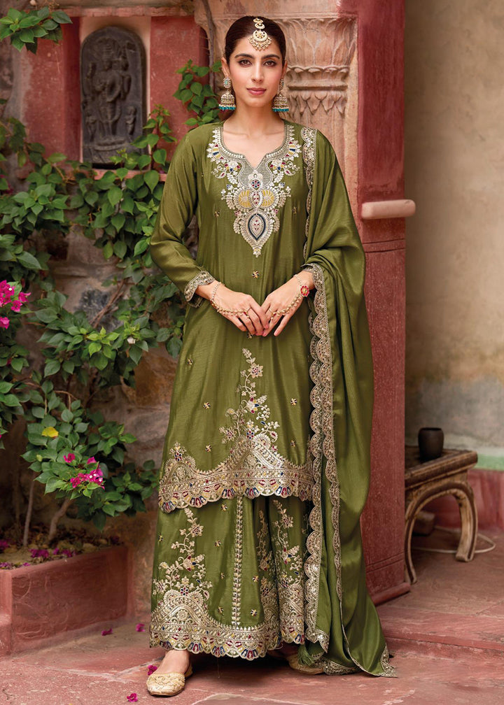 Buy Now Green Foil Work Chinnon Silk Palazzo Style Suit Suit Online in USA, UK, Canada, Germany, Italy, France, Austria, UAE & Worldwide at Empress Clothing.
