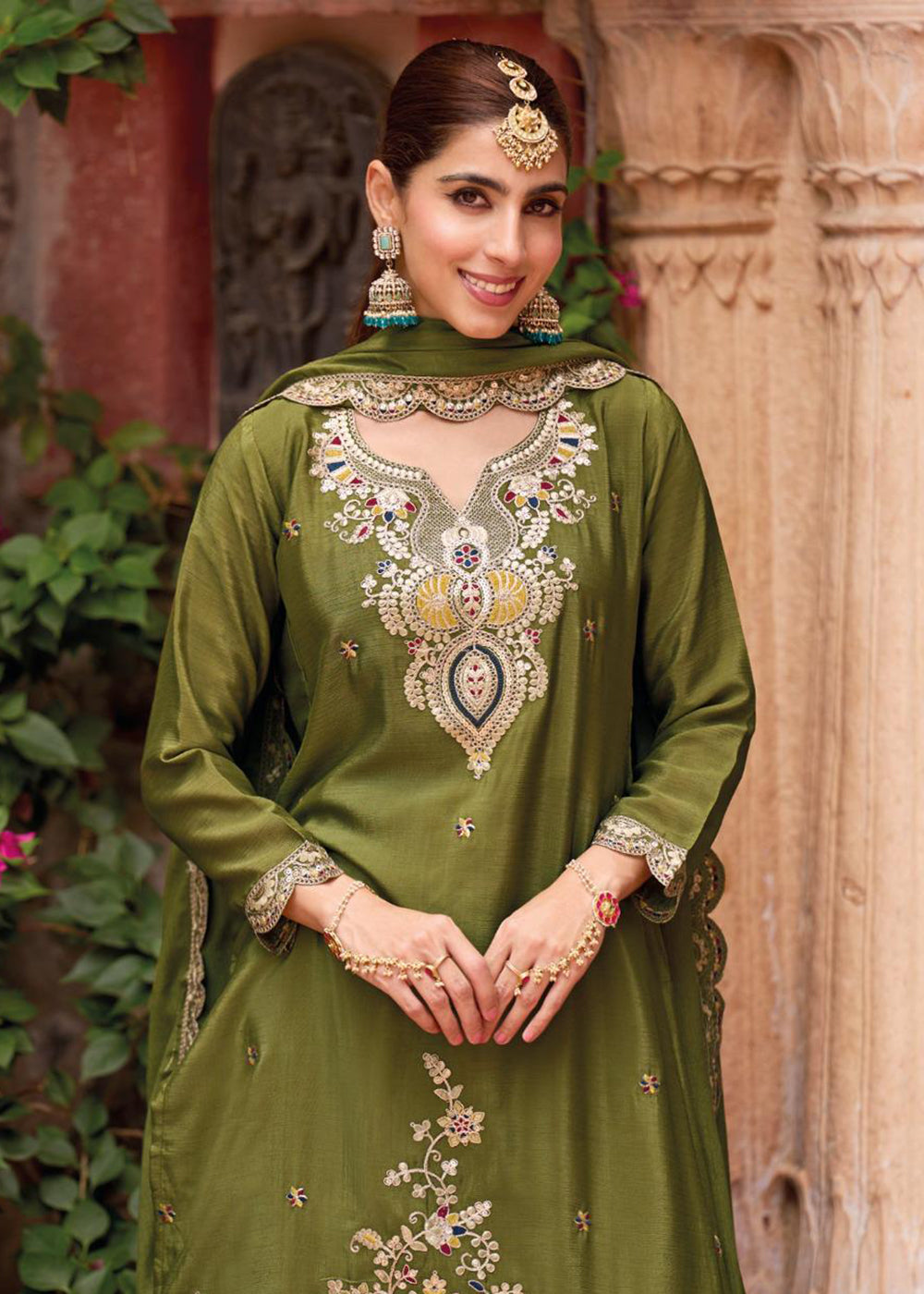 Buy Now Green Foil Work Chinnon Silk Palazzo Style Suit Suit Online in USA, UK, Canada, Germany, Italy, France, Austria, UAE & Worldwide at Empress Clothing.