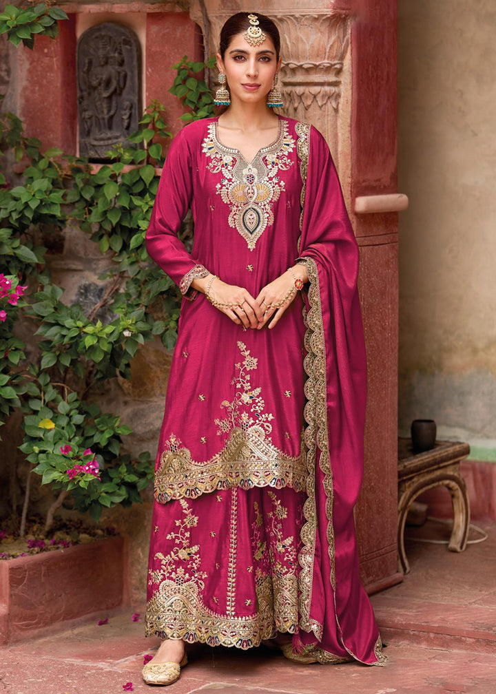 Buy Now Pink Foil Work Chinnon Silk Palazzo Style Suit Suit Online in USA, UK, Canada, Germany, Italy, France, Austria, UAE & Worldwide at Empress Clothing.