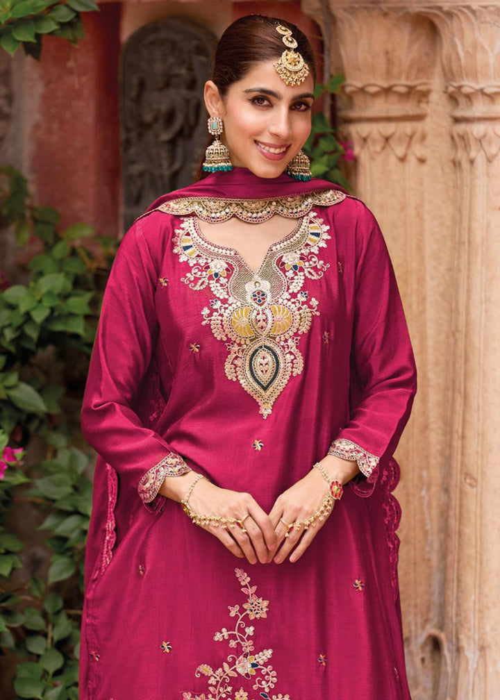 Buy Now Pink Foil Work Chinnon Silk Palazzo Style Suit Suit Online in USA, UK, Canada, Germany, Italy, France, Austria, UAE & Worldwide at Empress Clothing.