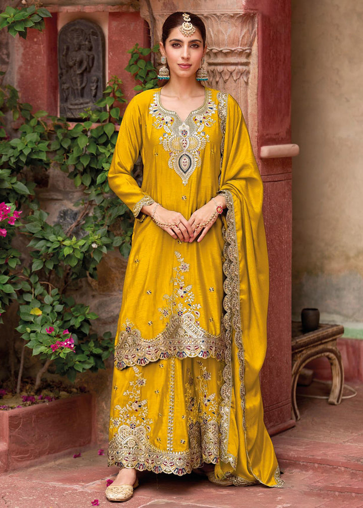 Buy Now Yellow Foil Work Chinnon Silk Palazzo Style Suit Suit Online in USA, UK, Canada, Germany, Italy, France, Austria, UAE & Worldwide at Empress Clothing.